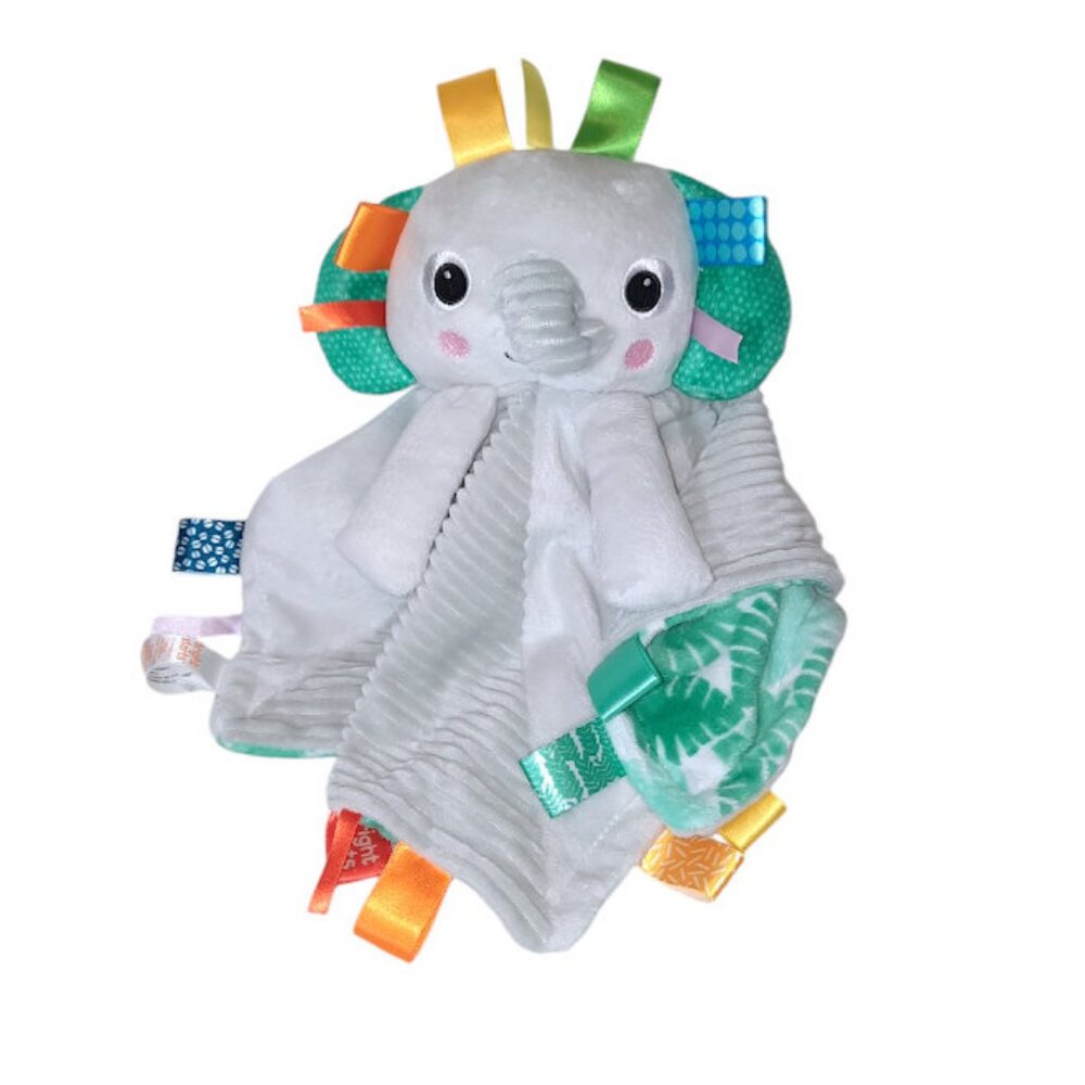 Bright Starts Gray Elephant Taggies Ribbon Tags Security Lovey Blanket 13" X 13"
